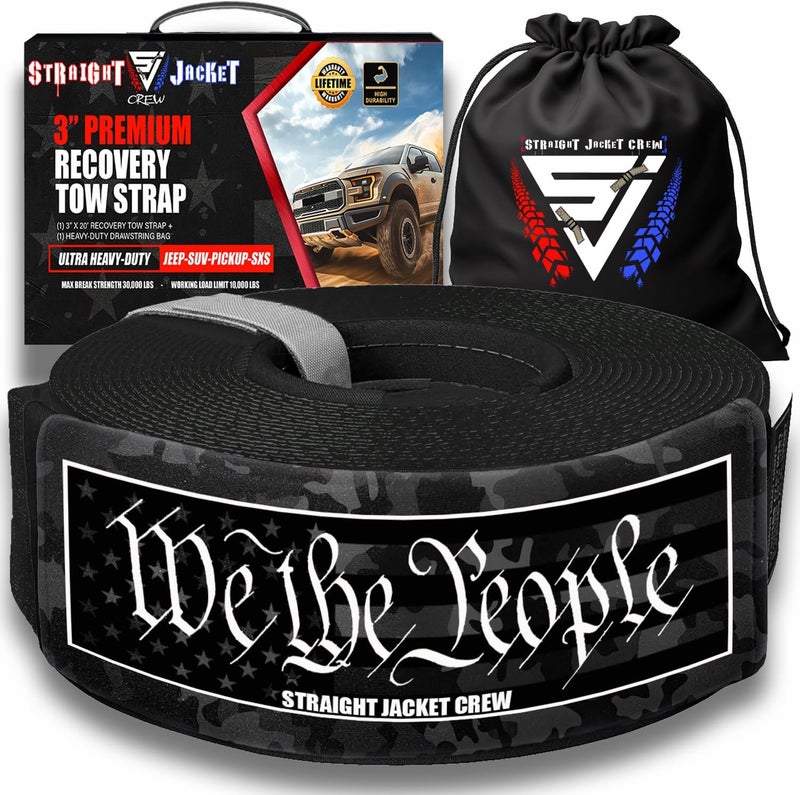 Straight Jacket Crew 3" X 20' Heavy Duty Tow Strap - 30,000 Lb Break Strength Recovery Strap for Truck, SUV, Jeep & Off-Road Use | Reinforced Loops, Abrasion Sleeve & Carry Bag Included. - Image 1